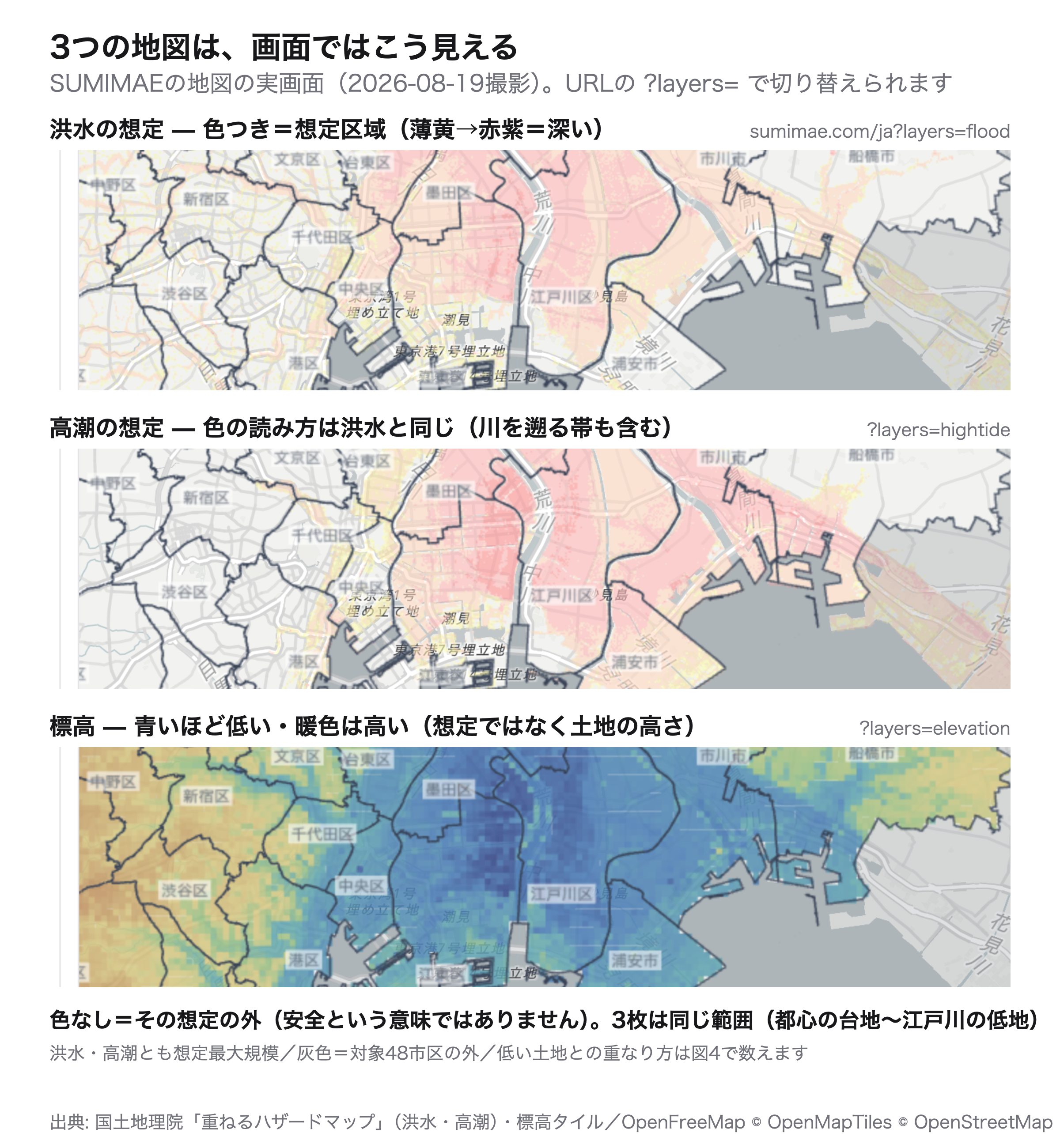 3つの地図の見え方——同じ場所の洪水・高潮・標高
